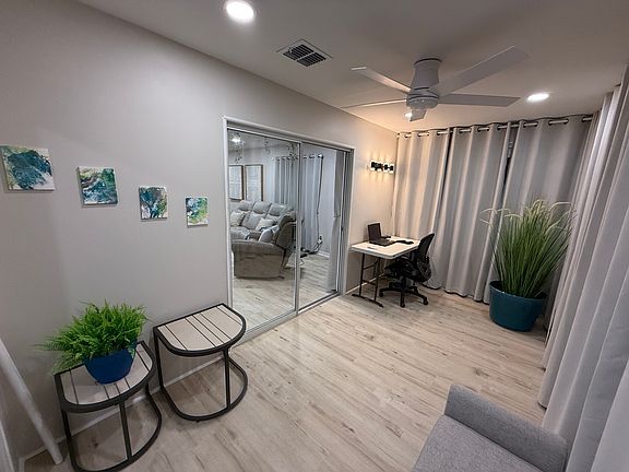 There are two sliding doors in the Florida Room/Den (one to the living room, the other to the Owner's suite) that can be closed for soundproofing. This is the preferred room for working from home or video calls.