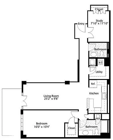Floor plan 1Bed 1 Bath Den