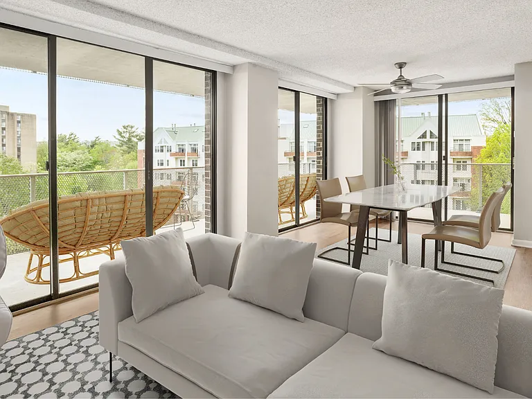 Living spaces with coffered ceilings and plenty of natural light