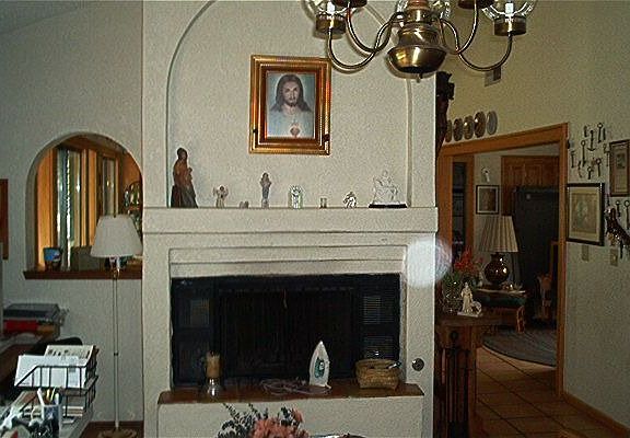 view of chimney in living area