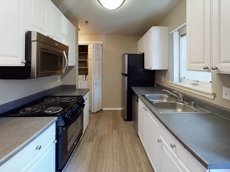 Apartment kitchen with stainless steel appliances in select homes and wood-style flooring.