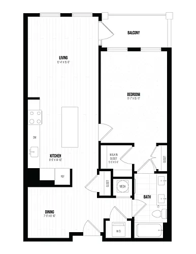 Floor plan 1 Bed/1 Bath- 1Q