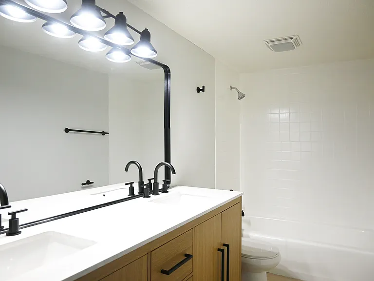 Bathroom with modern lighting.
