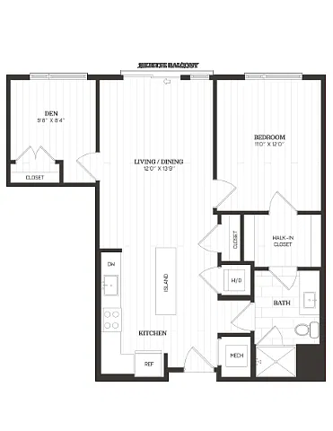 Floor plan 1 Bed/1 Bath Den-B1b
