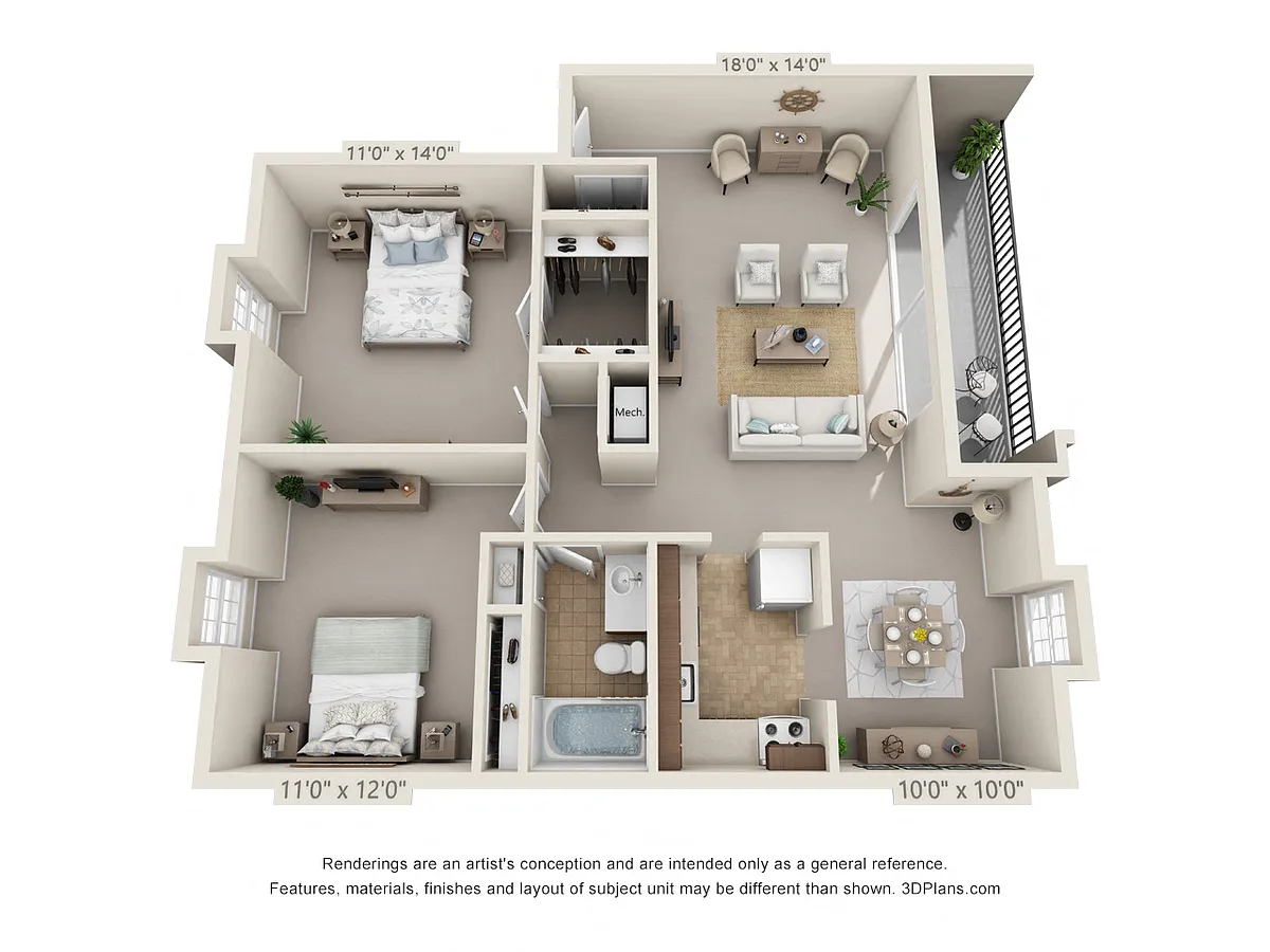 Floor plan 2 Bedroom, 1 Bath 980