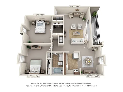 Floor plan 2 Bedroom, 1 Bath 980