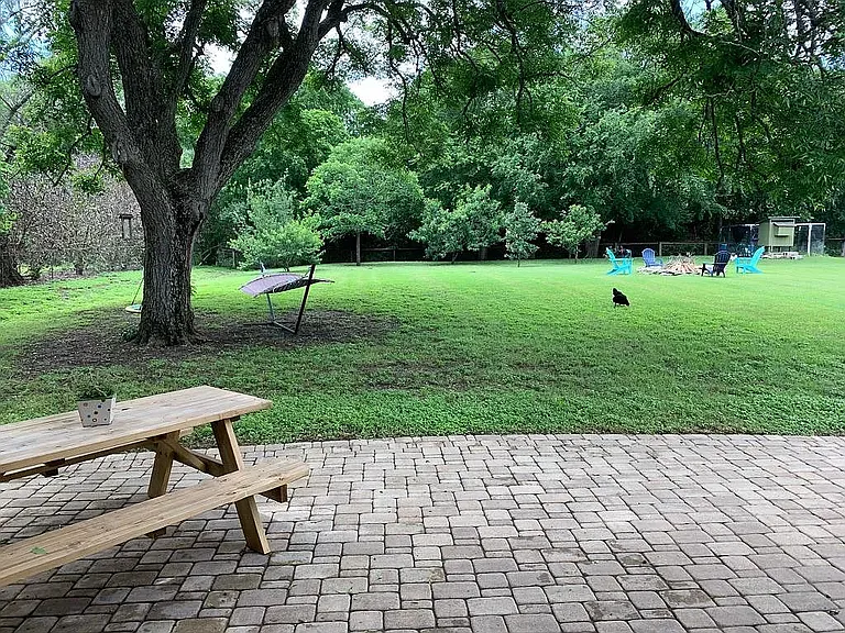 Large shaded backyard with chicken coop, shed and fire pit