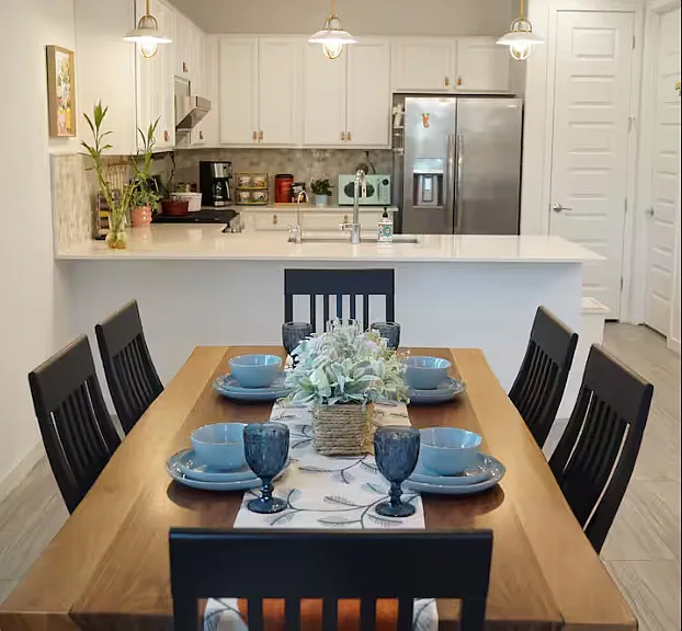 The spacious dining area can seat six people.