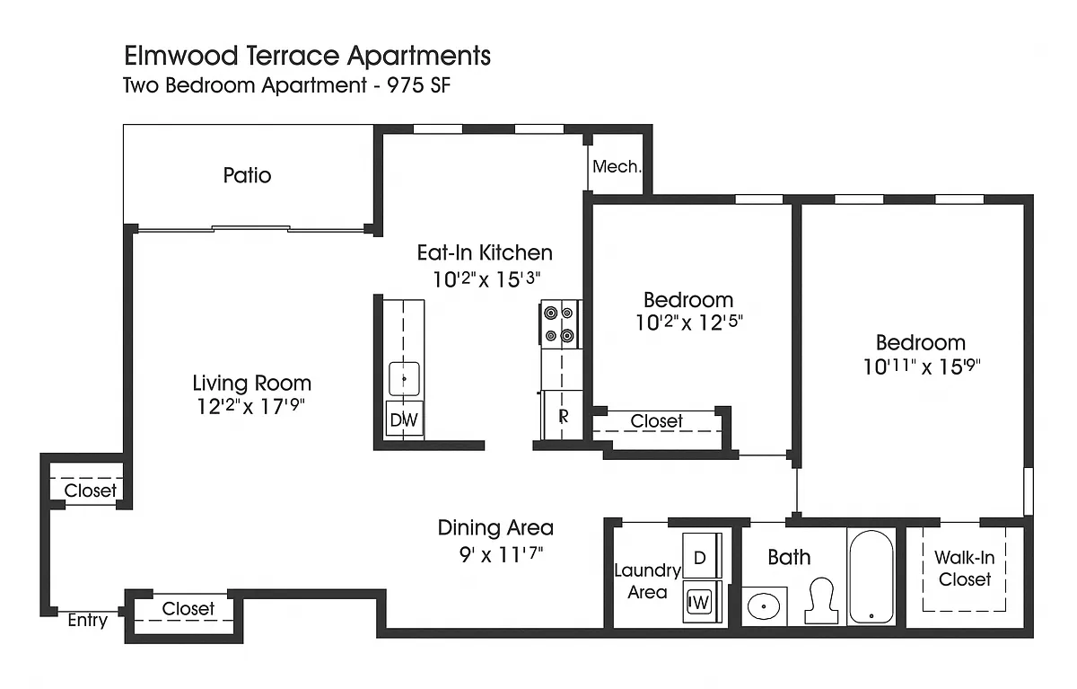 Floor plan 2BR 1BA (975sf)