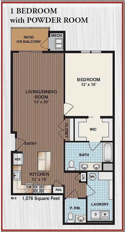 Floor plan 1 Bedroom with Powder Room