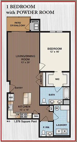 Floor plan 1 Bedroom with Powder Room