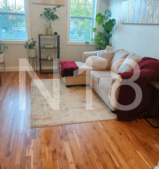 Living room on main level with plenty of natural light and blackout electric blinds