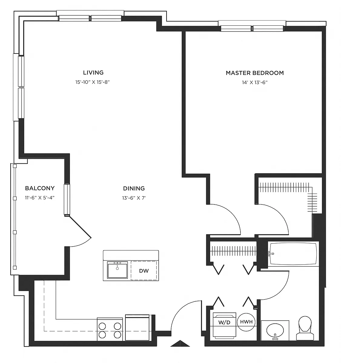 Floor plan P1 1BR 1BA (854 SF)