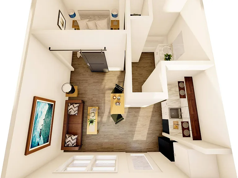 First floor studio apartment featuring private bedroom with barn door. First floor studio apartment featuring private bedroom with barn door.