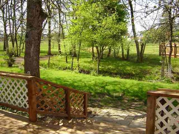 View from back deck. Garden to left of trees, beyond creek.