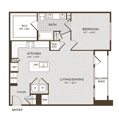 Floor plan 1BR 1BA (961 SF)
