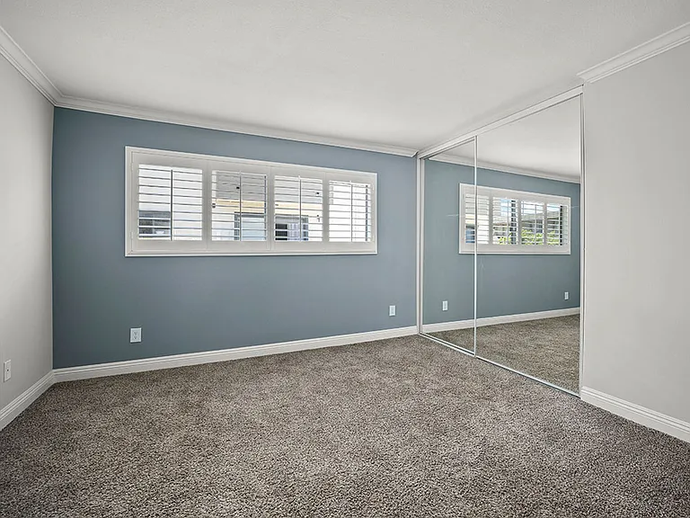 Carpeted bedroom with blue accent wall.