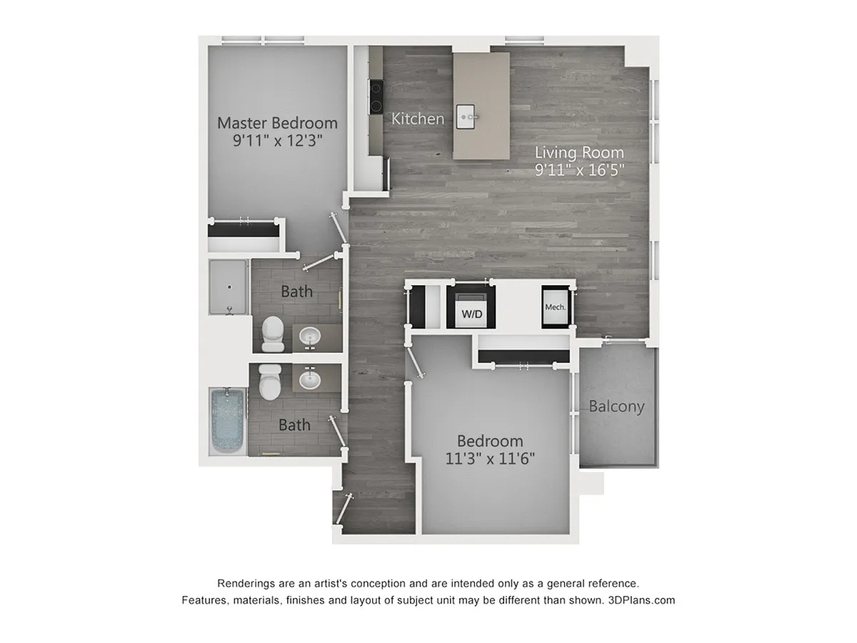 Floor plan Two Bedroom Two Bathroom (971 SF)