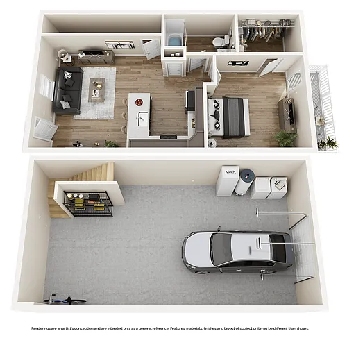 Floor plan 1 Bedroom with Drive Under Garage - 760sf