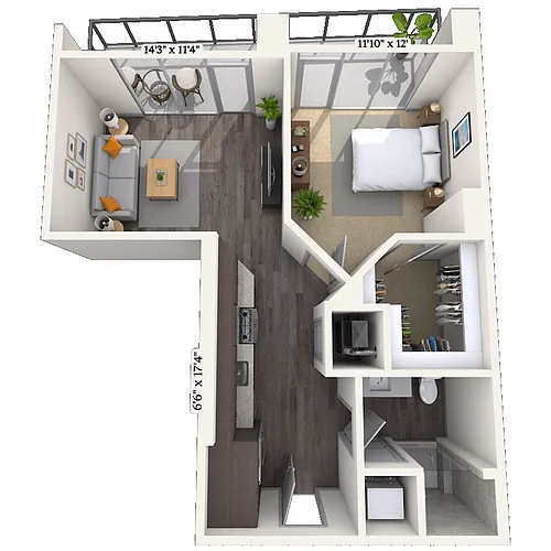 Floor plan Traditional 1x1 639 SF