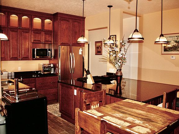 Kitchen with stainless appliances.