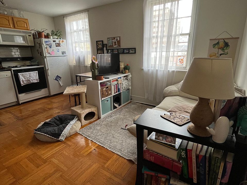 Living space with north-facing windows, overlooking Pine St.