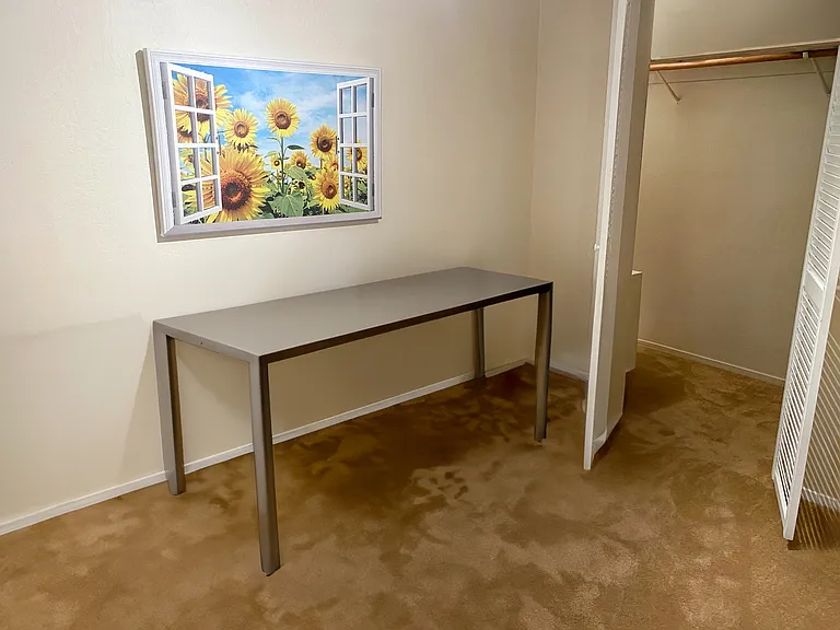 Compact space with ample closet, suitable for home office or additional storage.