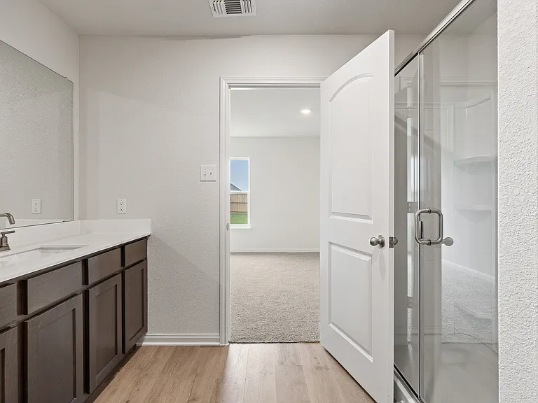 The master bathroom of the Rio Grande has a glass walk-in shower.