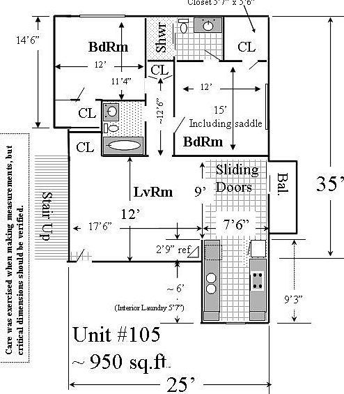 V105 Floor Plan - Ceramic tile in kitchen, dining area, and bathrooms. Carpet in bedrooms. Engineered hardwood in living room and hall.