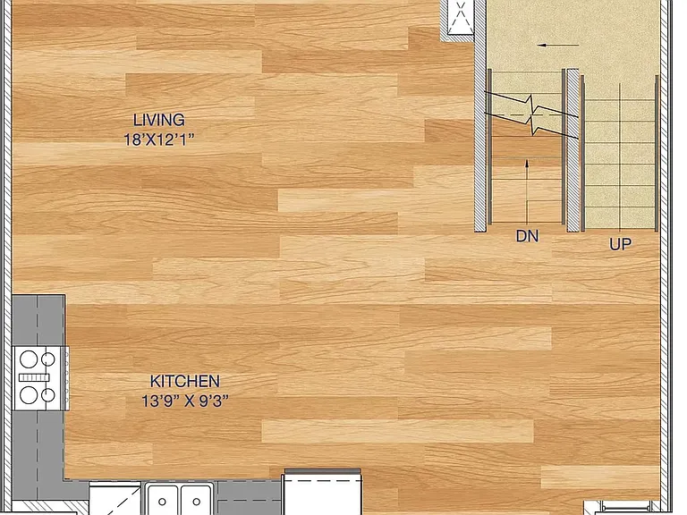 2nd level - kitchen, dining room, living room. Kitchen island not included in floor plan.