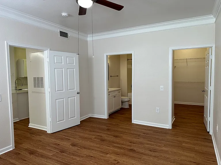 Bright and airy apartment interior featuring sleek wood-style floors, a spacious walk-in closet, and a modern bathroom with white cabinetry. Bright and airy apartment interior featuring sleek wood-style floors, a spacious walk-in closet, and a modern bath