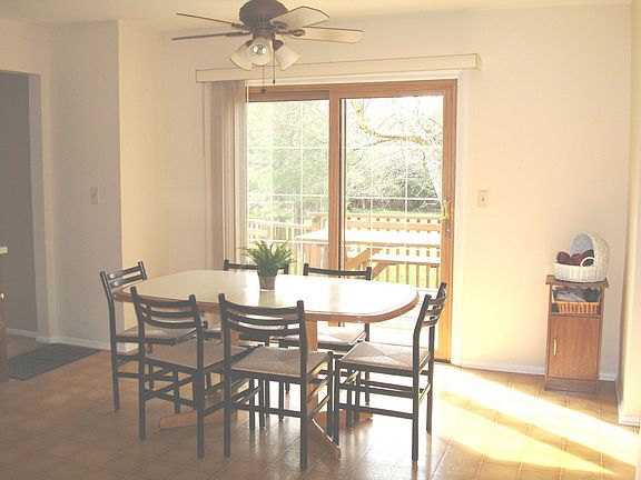 Kitchen overlooking sliding glass doors to deck.