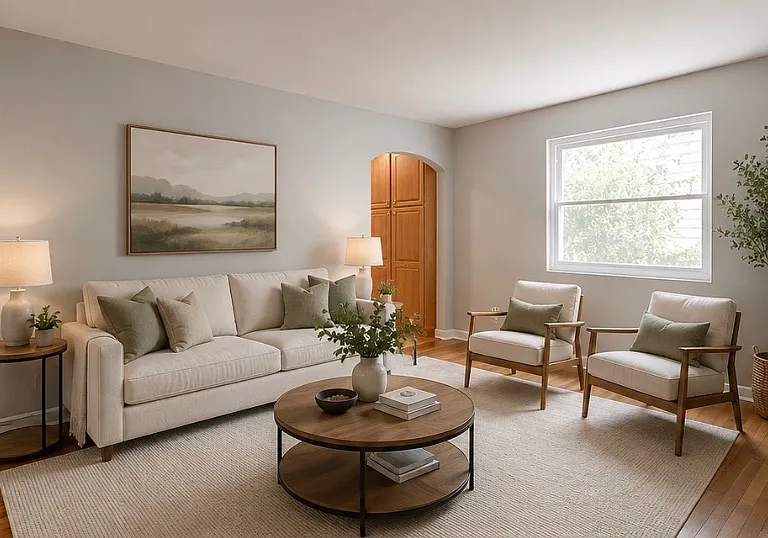 Hardwood floors in living room. Two large windows.