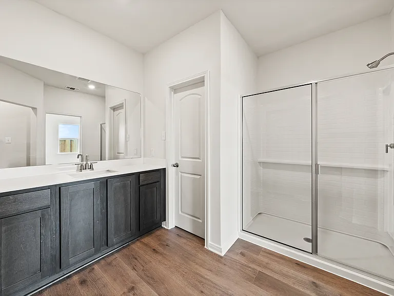 The master bathroom has a spacious vanity space.