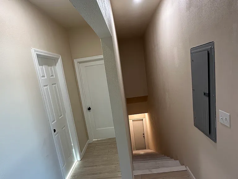 Looking down at the back door in the hallway on the right is the kichen.