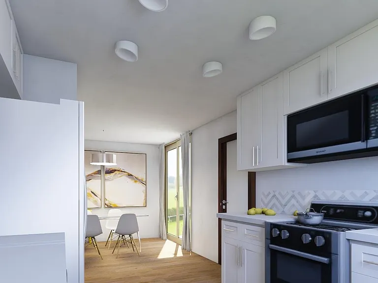 Render of kitchen/dining area with dining table