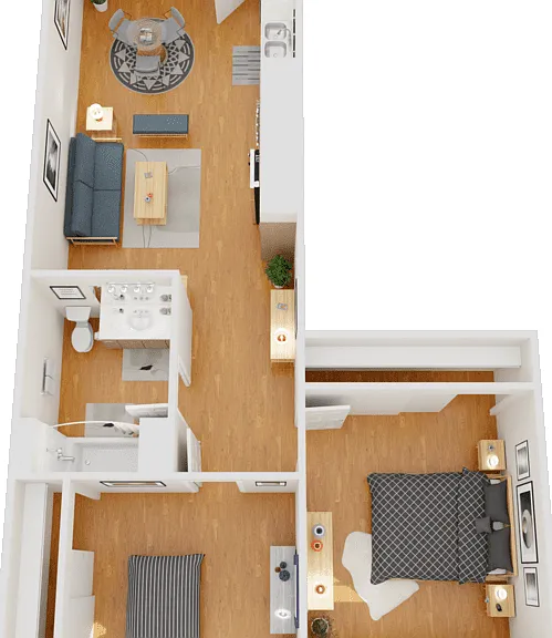 2 Bed 1 Bath Floorplan Diagram