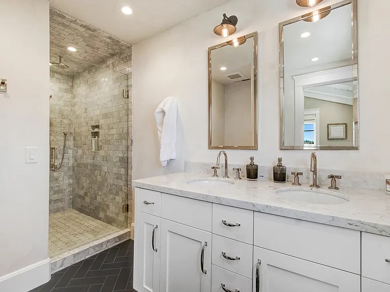 primary Bath with Double Vanity and Custom Marble Shower