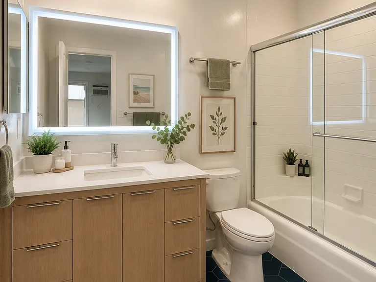 Bathroom with tub/shower and LED lighted mirror