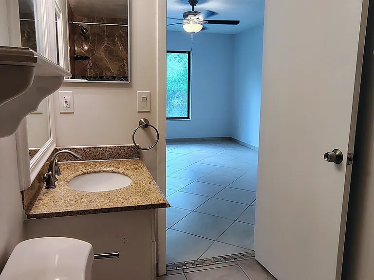 View from main BA through main BR; linen closet behind door