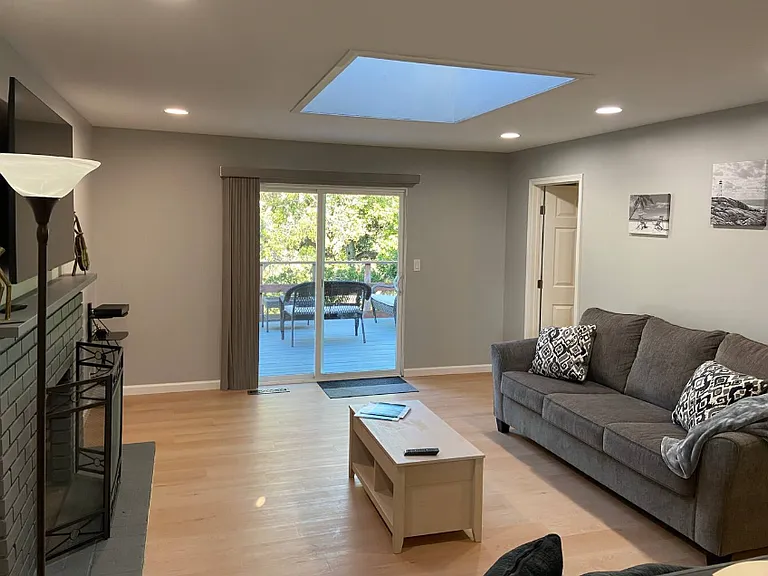 Large living room with fireplace, smart TV, slider to large patio