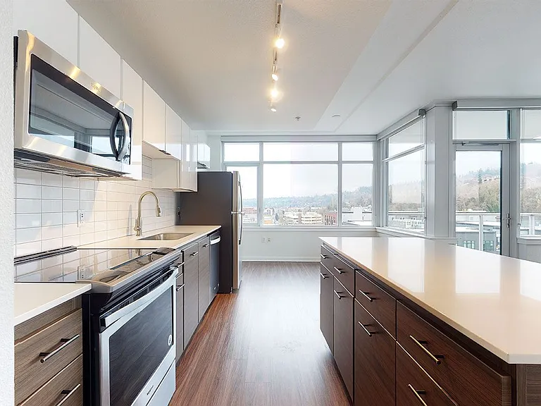 Apartment kitchen with stainless steel appliances, quartz countertops and wood-style flooring.