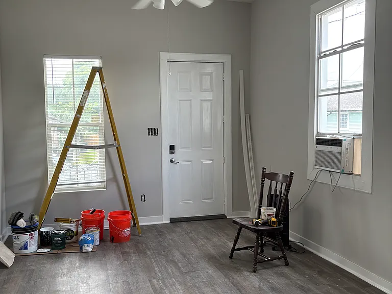 Looking out to the porch, work getting done