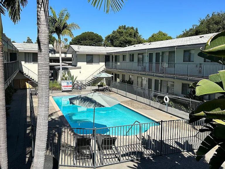 View of swimming pool from second floor level of Los Robles Apartments in Pasadena, California.