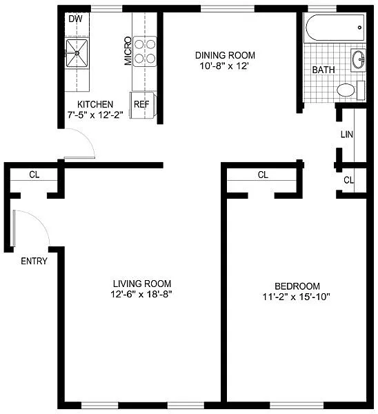 Floor plan 1 Bedroom/1 Bath - Dining Room