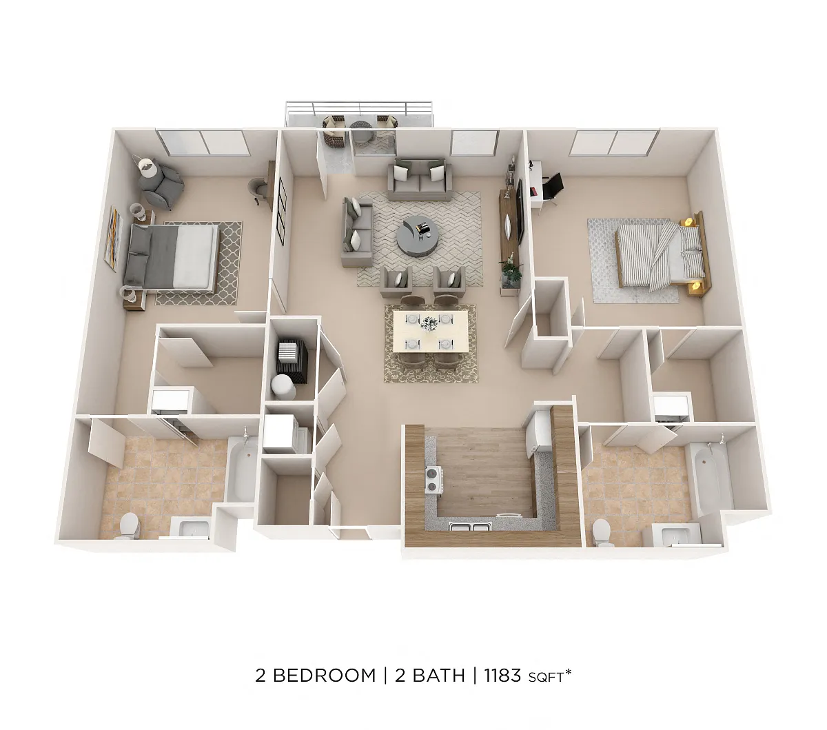 Floor plan Two Bedroom 2 Bath- 1183 sqft