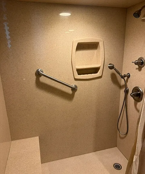 walk in shower, handicap bars and seat