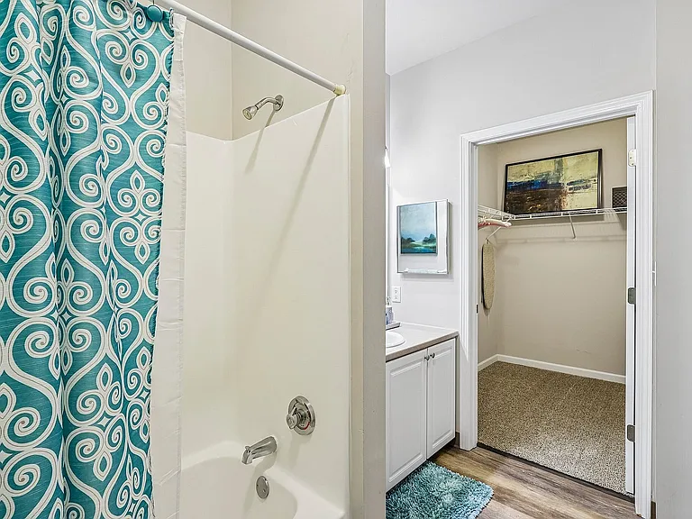 Bright and modern bathroom featuring a decorative teal shower curtain