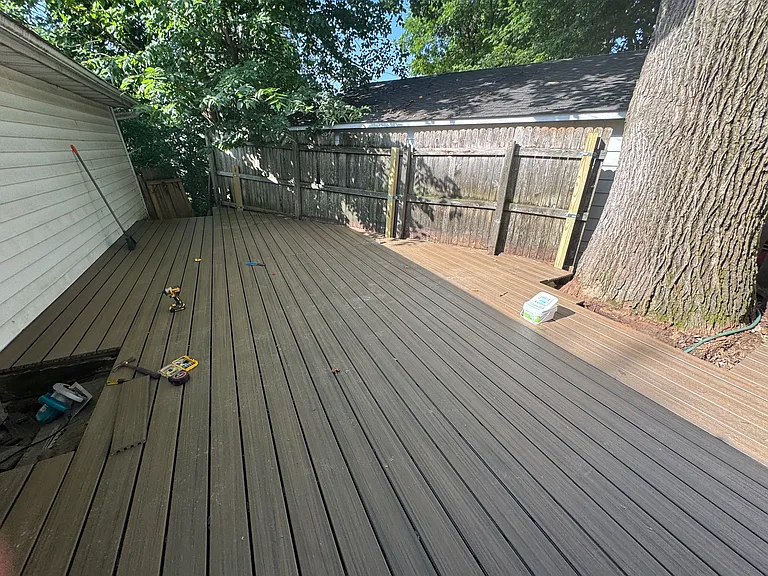 New deck behind garage