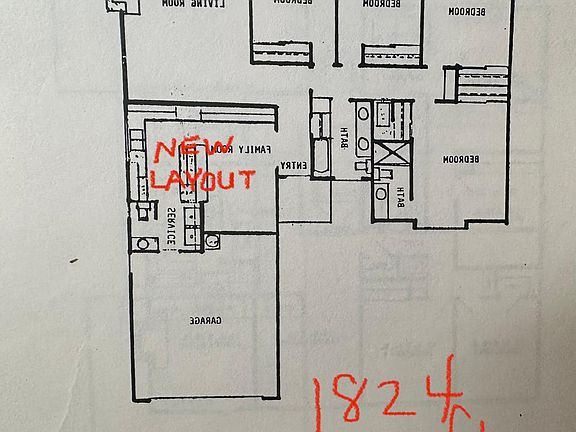 4 beds and 2.5 baths 1825 sqft with inside laundry room, fireplace and central AC. Kitchen floorplan is now modified from the original.